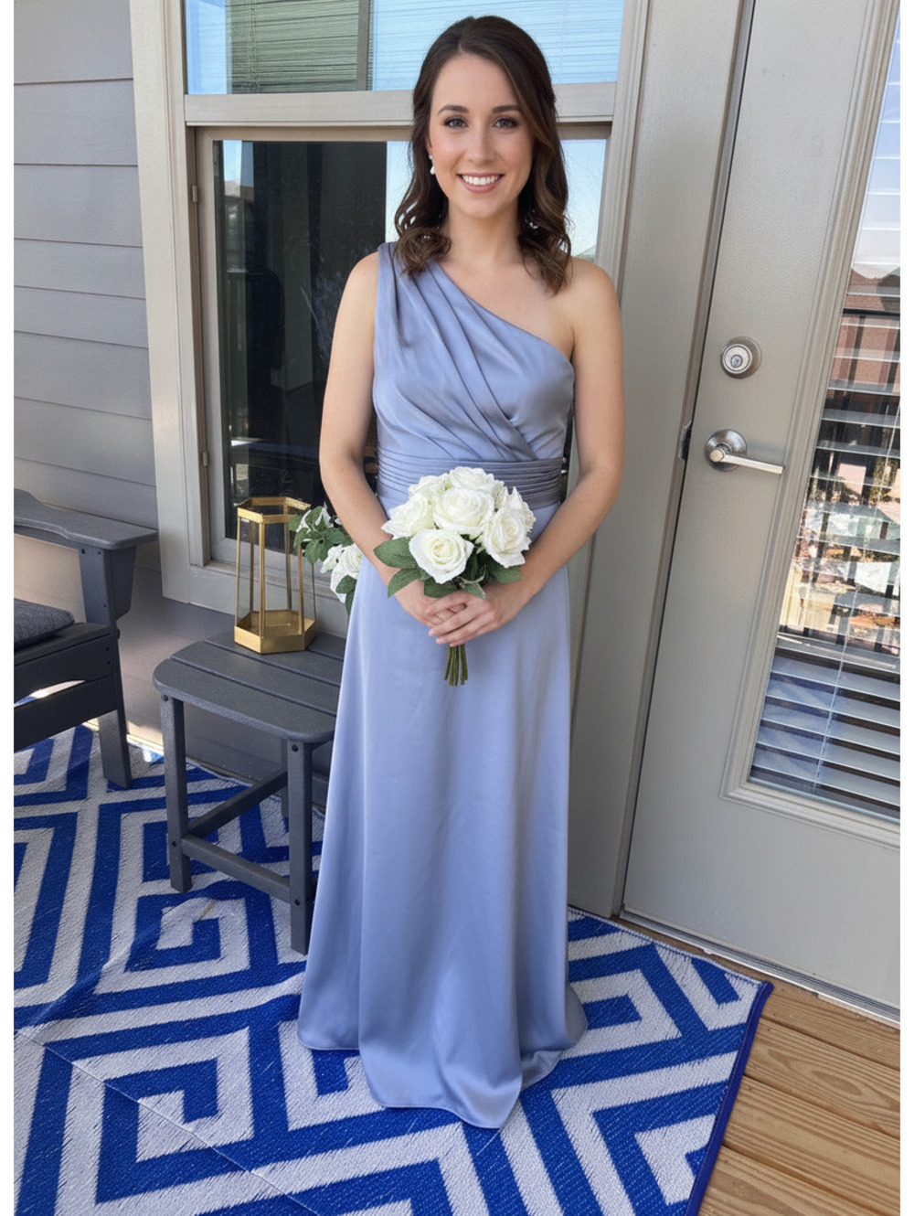 NWT! Azazie Dusty Blue One-Shoulder Dress Size 12 A-Line Floor Length 64”